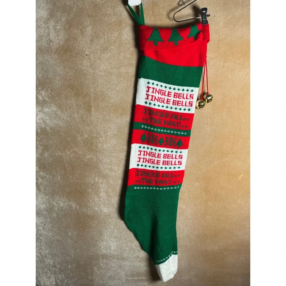 Christmas Stocking Jingle‎ Bells Jingle All The Way Red Green White Knit Bells